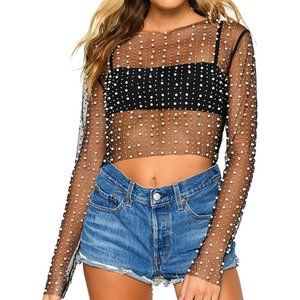 Women Sexy See Through Pearl Rhinestone Crop Top Long Sleeve Crop Blouse Shirt
